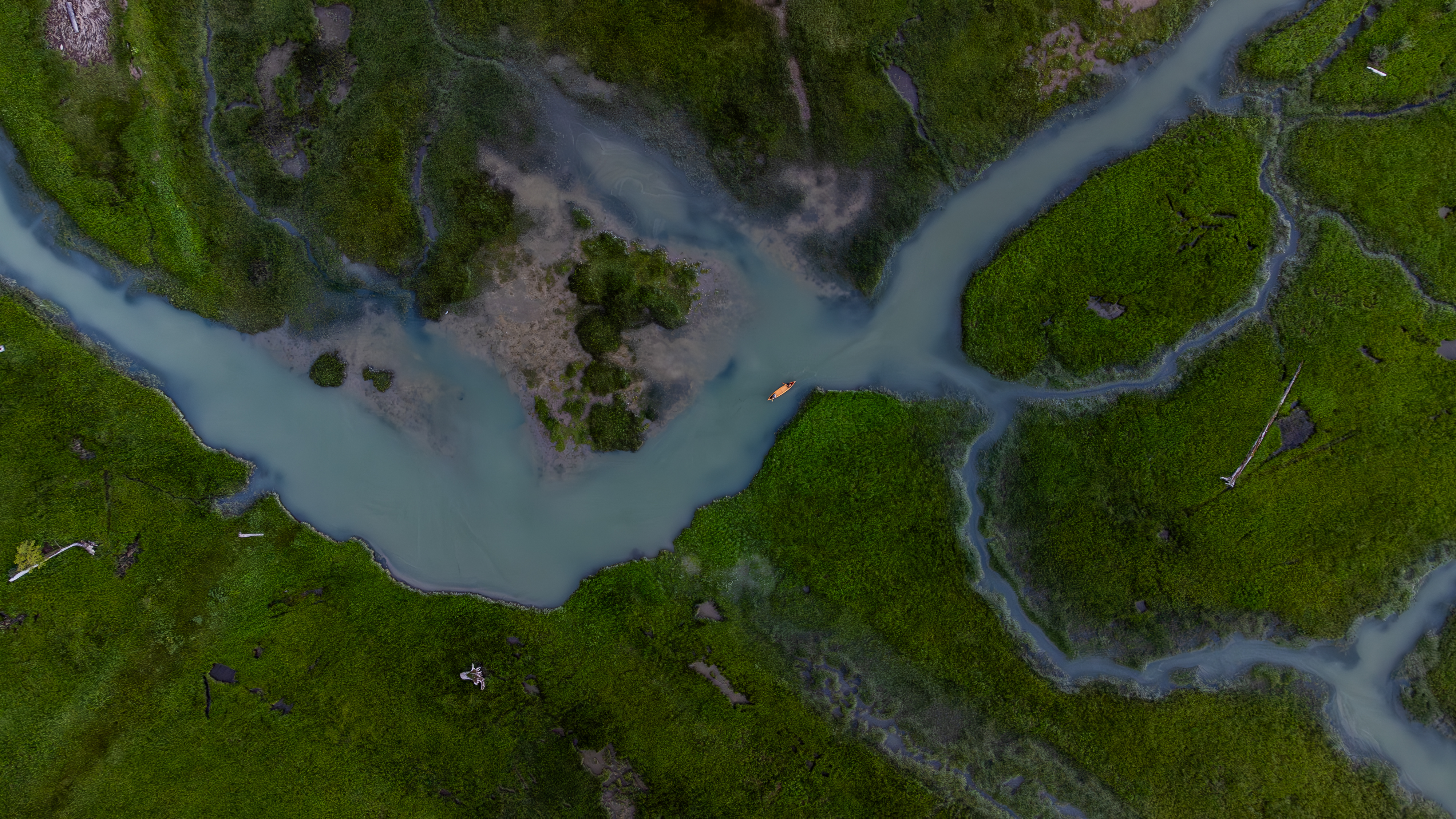 Aerial drone shot of canoe on Squamish waters