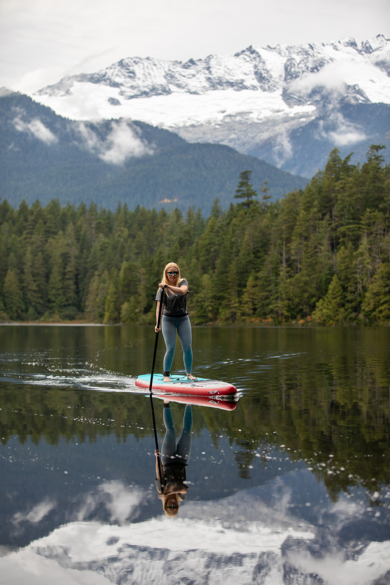 Stand-up paddleboard on lake with mountain views